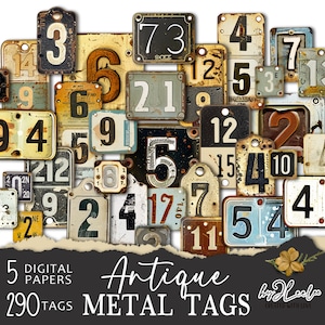 ANTIEKE METALEN TAGS-nummerlabels afdrukbare steampunk-benodigdheden | Industrieel vintage efemere junkdagboek | afbeeldingen digitale collage | tl278