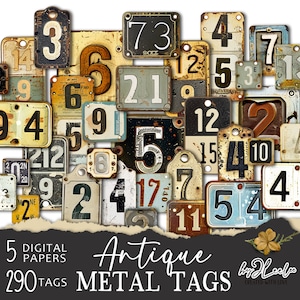 ANTIQUE METAL TAGS numbers labels printable steampunk supplies | Industrial vintage ephemera junk journal | images digital collage | tl278