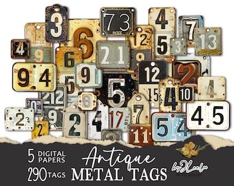 May include: A collection of 290 vintage metal tags with numbers printed on them. The tags are in various shapes and sizes and have a distressed, rusty look. The tags are arranged in a random pattern on a white background.