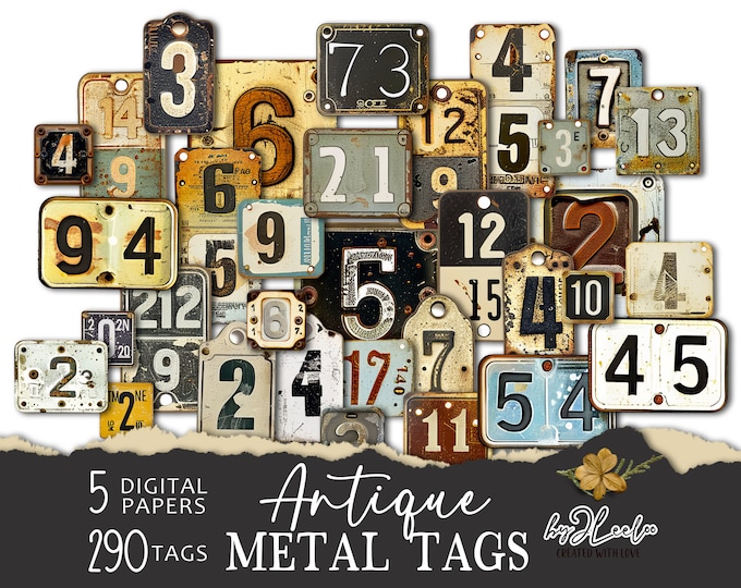 ANTIQUE METAL TAGS numbers labels printable steampunk supplies | Industrial vintage ephemera junk journal | images digital collage | tl278