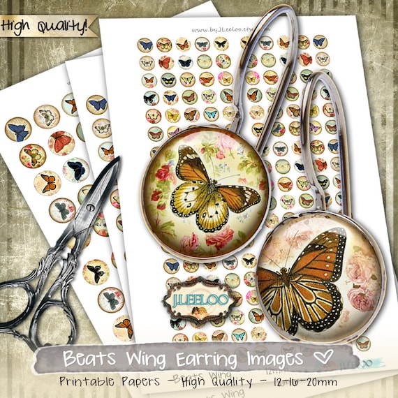 Digital download BEATS WING 12 16 20mm circle butterfly images jewelry earrings pendant craft instant download printable tn245