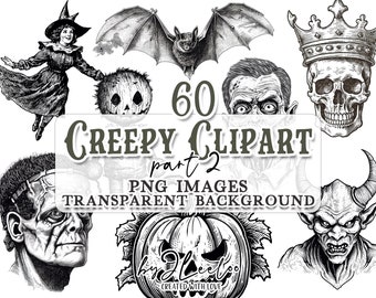 CREEPY CLIPART set 2 | Gruseliger Geist, Vampir, schwarze Katzen, Schädel und Zombie |  antikes gotisches viktorianisches Ephemera zum Ausdrucken für Journal | cl154