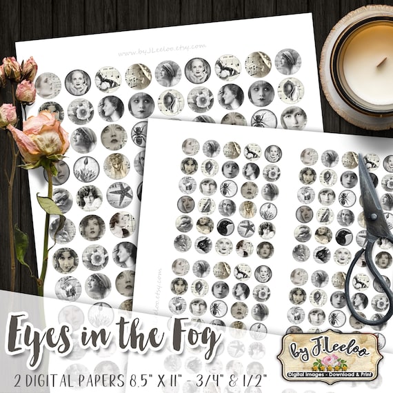 EYES in THE FOG 3/4 and 1/2 inch circle black white woman romantic for pendant clipart magnet instant download printable tn633