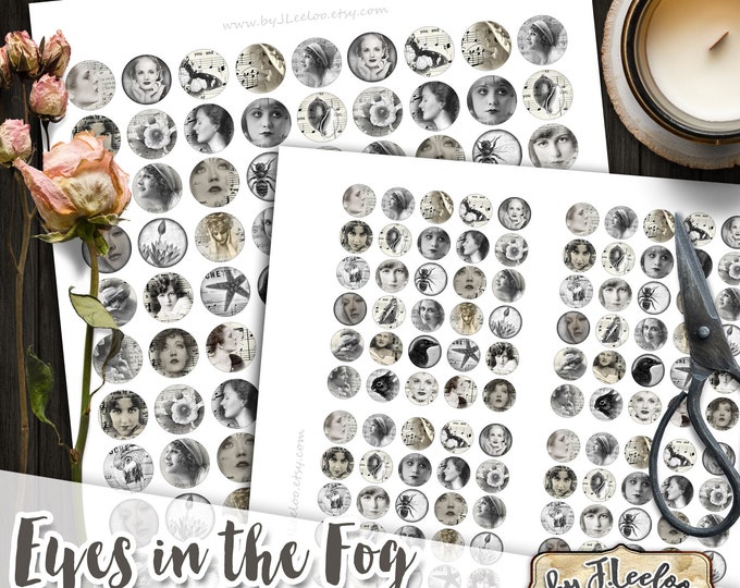 EYES in THE FOG 3/4 and 1/2 inch circle black white woman romantic for pendant clipart magnet instant download printable tn633