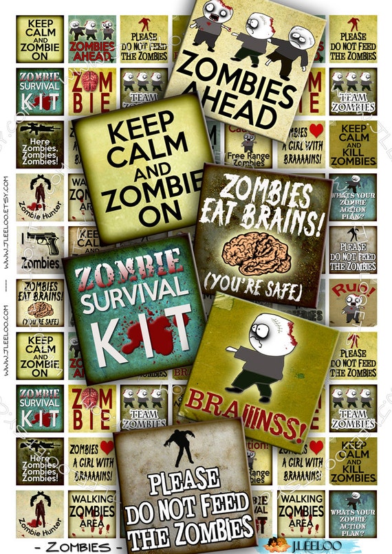 Digital collage ZOMBIES 1x1 inch square printable apocalypse scary walking dead for pendants magnet stickers instant download qu259