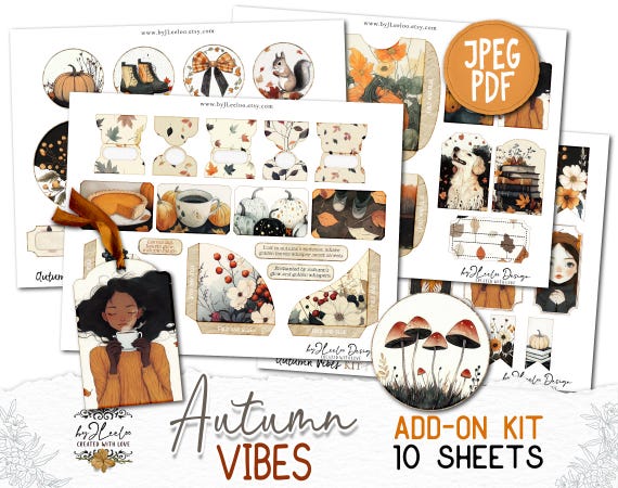 AUTUMN VIBES Add-On Kit Junk Journal Pages printable | Fall season Collage Kit scrapbook vintage ephemera supplies | Fussy cut CU | pp865