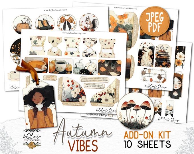 AUTUMN VIBES Add-On Kit Junk Journal Pages printable | Fall season Collage Kit scrapbook vintage ephemera supplies | Fussy cut CU | pp865