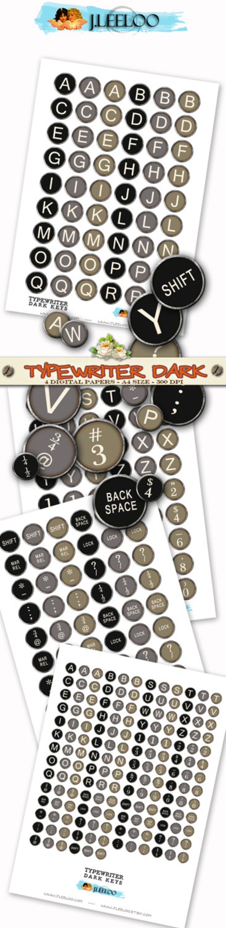Digital collage TYPEWRITER DARK KEYS 1 inch half inch circle vintage images for pendant alphas magnet instant download printable tn189