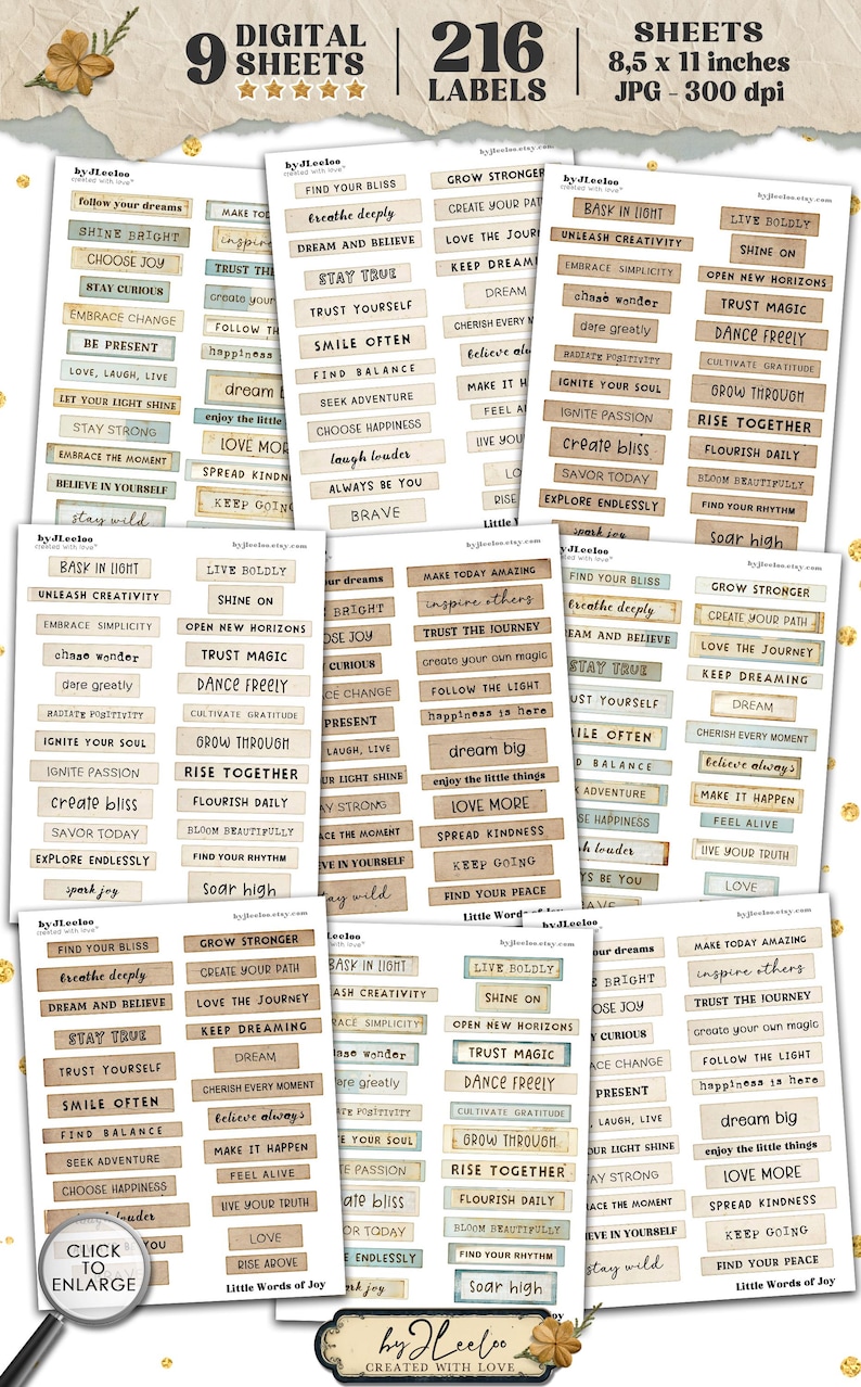 Etiquetas de texto con PEQUEÑAS PALABRAS DE ALEGRÍA / Material efímero vintage para diarios creativos y álbumes de recortes / Descarga instantánea imprimible para manualidades y tarjetas / tl316 imagen 7