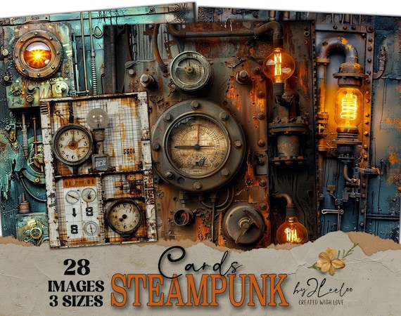 STEAMPUNK CARDS 3 sizes | printable vintage rustic card junk journal supplies | lighting masculine scrapbook digital patina postcard | pp835