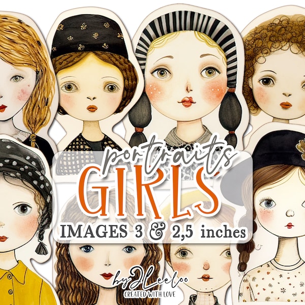 PORTRAITS FILLES clipart PNG naïfs et mignons | Visages de poupée en papier dessinés à la main | Fabrication de cartes, scrapbooking, journalisation, autocollants, création d'éphémères | cl158