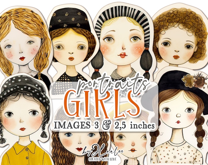 GIRLS PORTRAITS clipart PNG naive and cute | Hand-drawn paper doll faces | Card Making Scrapbook Journaling Stickers Craft Ephemera | cl158