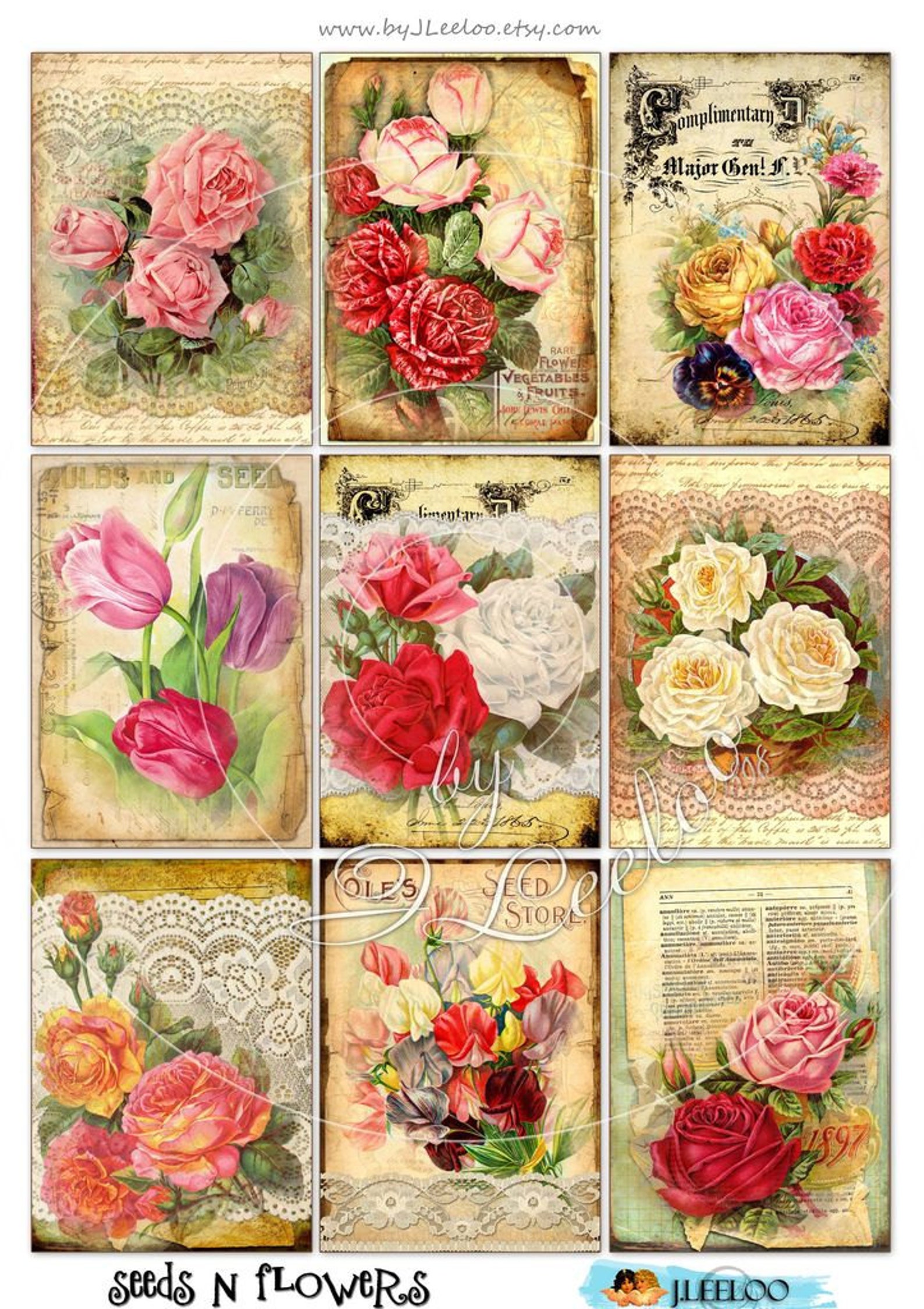 SEED N FLOWERS Printable Atc Aceo Digital Collage Sheet Roses Vintage ...