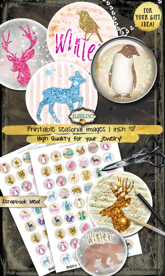 HAPPY WINTER 1 inch circle  digital collage for bottlecaps resin pendant charm card making bezel trays magnet glitter printable tn495