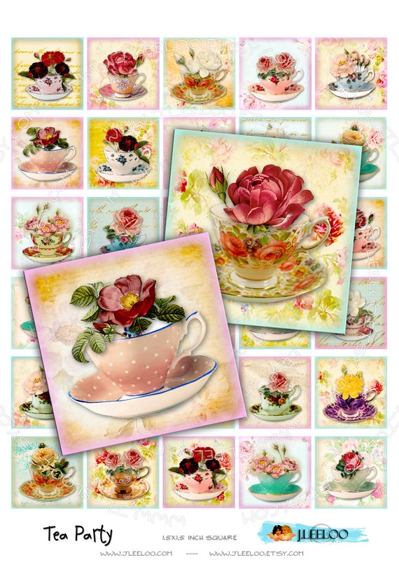 Digital collage TEA PARTY 1.5 inch square drink tea cup rose romantic flowers magnet stickers pendant instant download printable qu372