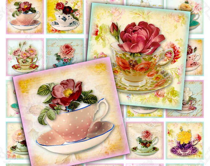 Digital collage TEA PARTY 1.5 inch square drink tea cup rose romantic flowers magnet stickers pendant instant download printable qu372
