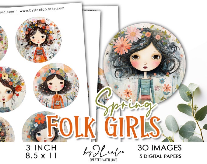 SPRING FOLK girls 3 inch printable supplies round pendants | bezel trays glass cabochon mountings cameo craft projects magnets | tn720