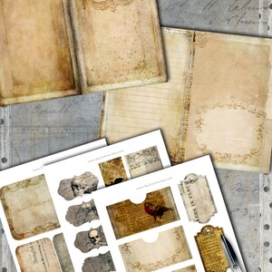 May include: A collection of vintage-style paper ephemera, including journal pages and decorative tags, with a spooky theme. The papers have a distressed, aged appearance with sepia tones and decorative elements. The text "Spooky Journal Kit" is visible.