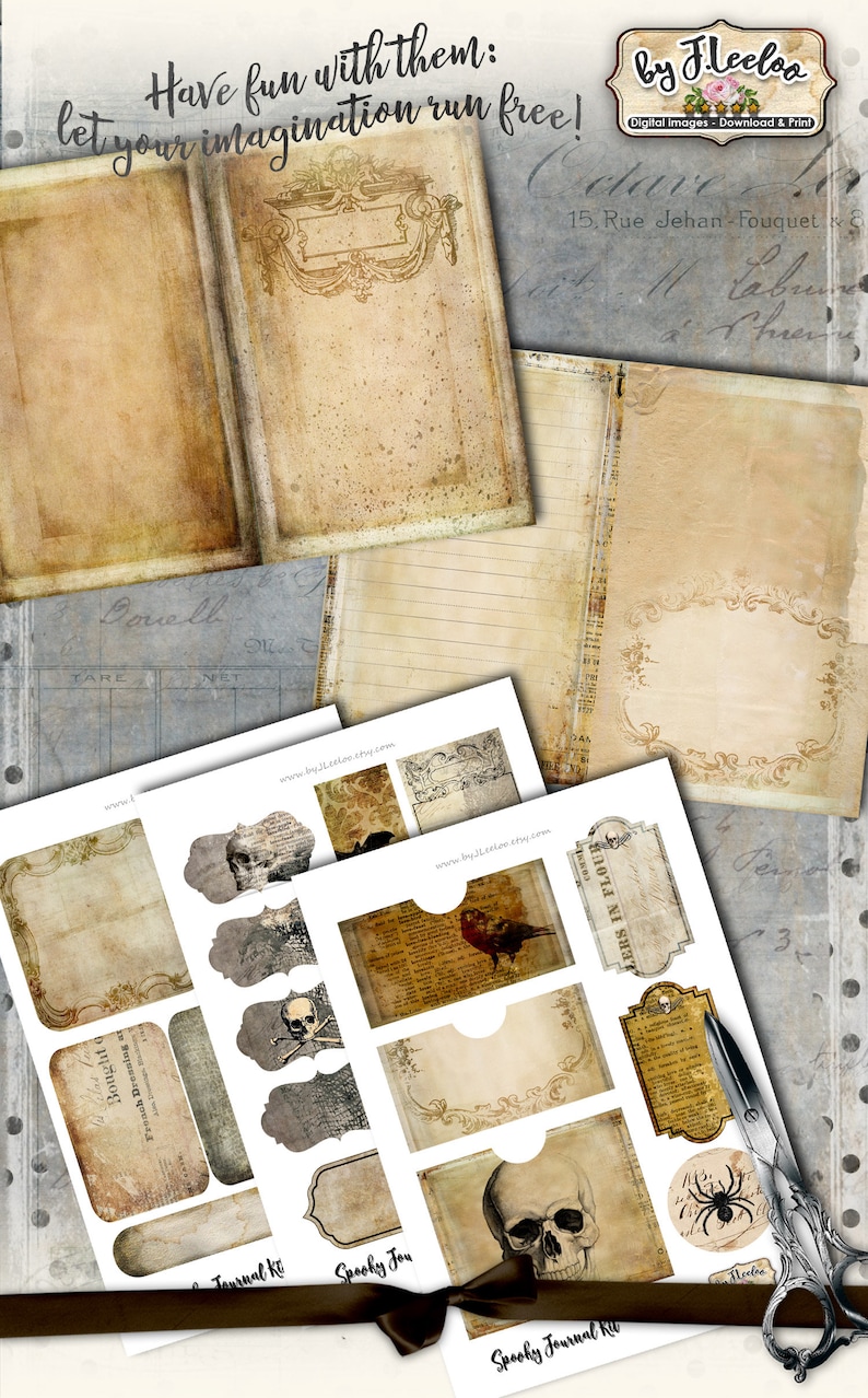 May include: A collection of vintage-style paper ephemera, including journal pages and decorative tags, with a spooky theme. The papers have a distressed, aged appearance with sepia tones and decorative elements. The text "Spooky Journal Kit" is visible.
