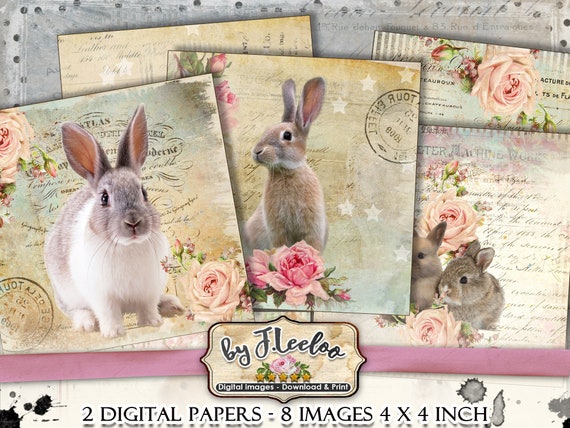 EASTER BUNNIES 4x4 inch digital images coaster magnet scrapbook instant download printable transfer iron on qu522