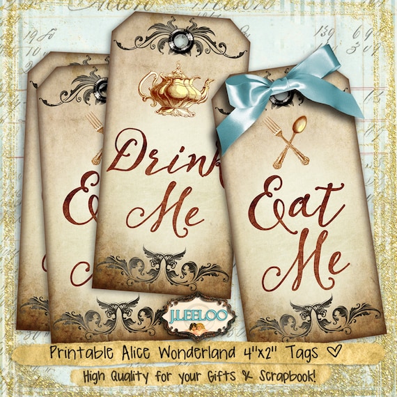 EAT and DRINK ME tags Alice in Wonderland Digital collage sheet crafting vintage brown sepia printable instant download tl178
