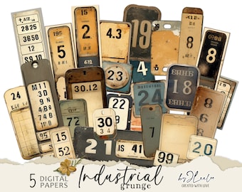 INDUSTRIAL GRUNGE numbers labels printable steampunk supplies | tags vintage ephemera junk journal | images digital collage sheet | tl271