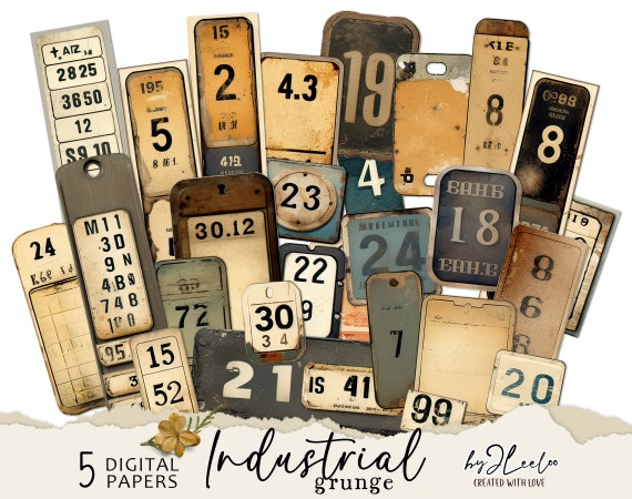 INDUSTRIAL GRUNGE numbers labels printable steampunk supplies | tags vintage ephemera junk journal | images digital collage sheet | tl271