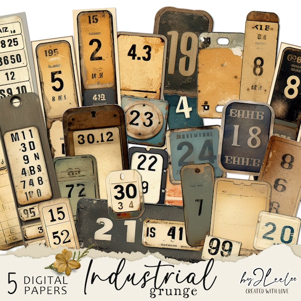 INDUSTRIAL GRUNGE numbers labels printable steampunk supplies | tags vintage ephemera junk journal | images digital collage sheet | tl271