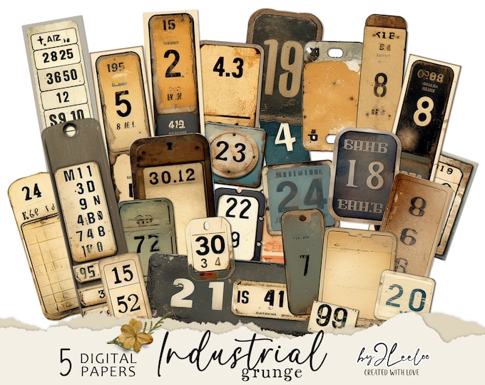 INDUSTRIAL GRUNGE numbers labels printable steampunk supplies | tags vintage ephemera junk journal | images digital collage sheet | tl271