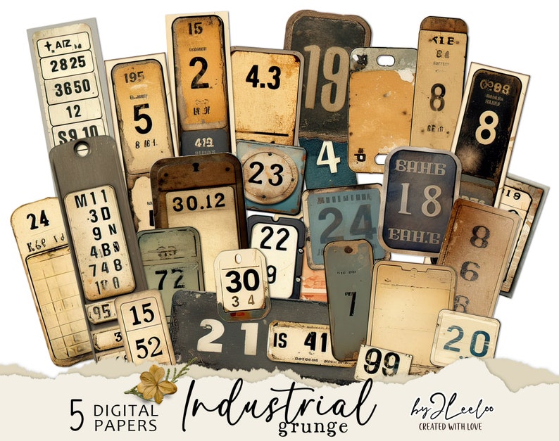 INDUSTRIAL GRUNGE numéros étiquettes fournitures steampunk imprimables tags journal éphémère vintage indésirable de collage numérique d'images tl271 image 1