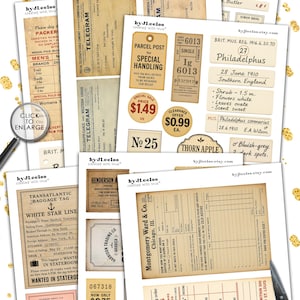 May include: A collage of aged paper ephemera, such as telegrams and baggage tags, with text and illustrations. The image has a sepia tone and includes the text "90 Images" and "12 Digital Papers". Measurements are in inches.