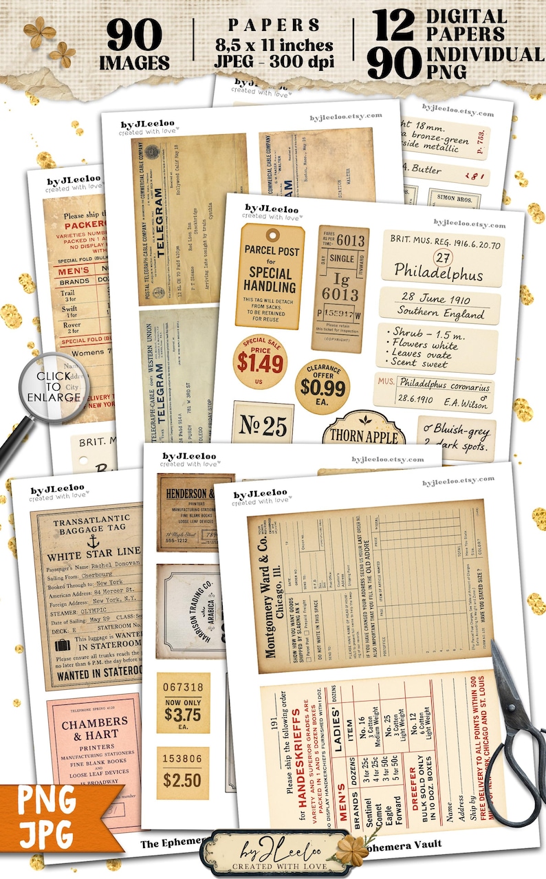 May include: A collage of aged paper ephemera, such as telegrams and baggage tags, with text and illustrations. The image has a sepia tone and includes the text "90 Images" and "12 Digital Papers". Measurements are in inches.
