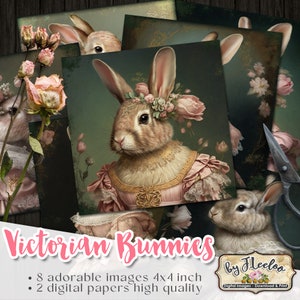 VICTORIAN BUNNIES 4 x 4 inch Anthropomorphes im rosa Kleid-Kaninchen für Untersetzer-Magnet-Sammelalbum druckbare Zeitschrift diy qu544