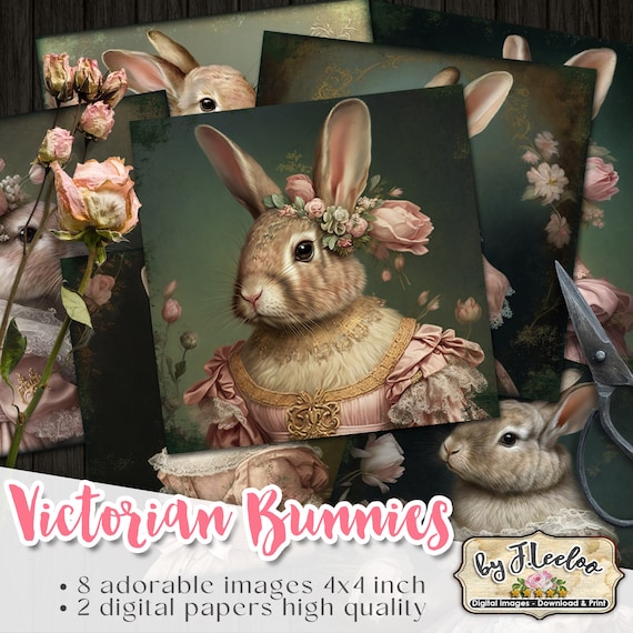 VICTORIAN BUNNIES 4x4 inch anthropomorphic in pink dress rabbit for coaster magnet scrapbook printable journal diy qu544