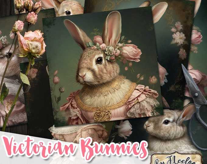 VICTORIAN BUNNIES 4x4 inch anthropomorphic in pink dress rabbit for coaster magnet scrapbook printable journal diy qu544