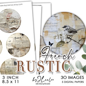 May include: A set of 30 digital papers featuring a French rustic theme. The papers include images of birds, flowers, and vintage text in shades of beige, brown, and white. The papers are 8.5 inches by 11 inches and are perfect for scrapbooking, card making, and other crafting projects.