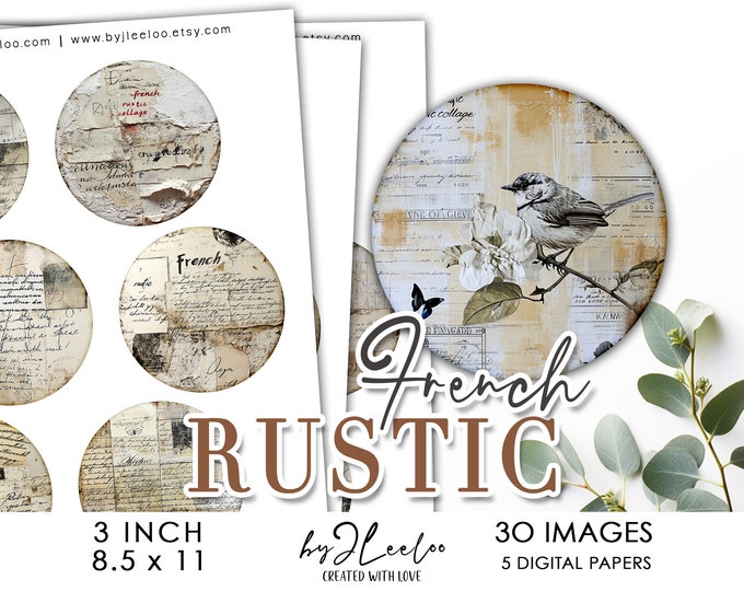 FRENCH RUSTIC 3 inch printable collage | Background supplies distressed | round mirror magnet charm sticker junk journal fussy-cut | tn744
