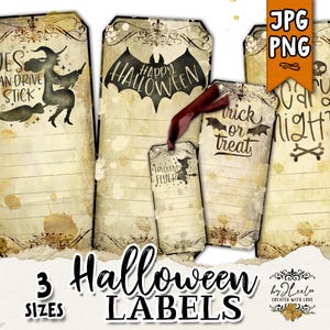 HALLOWEEN Labels – Vintage Printable Tags in 3 Sizes | Large Midi & Small | 2 JPG Letter Sheets + 18 PNG with Transparent Background | tl221