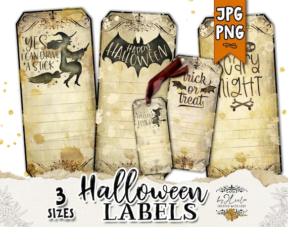 HALLOWEEN Labels – Vintage Printable Tags in 3 Sizes | Large Midi & Small | 2 JPG Letter Sheets + 18 PNG with Transparent Background | tl221