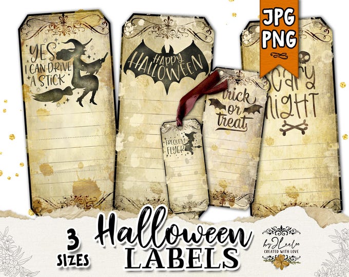 HALLOWEEN Labels – Vintage Printable Tags in 3 Sizes | Large Midi & Small | 2 JPG Letter Sheets + 18 PNG with Transparent Background | tl221