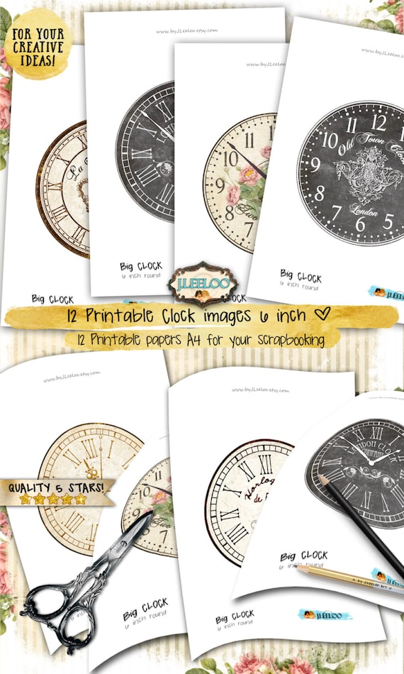 BIG CLOCK 6 inch circle home decor jpeg clipart vintage chalkboard paper crafting instant download digital collage printable tn504
