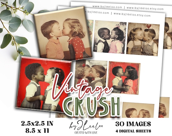 VINTAGE CRUSH 2.5x2.5 inch printable | Nostalgic Love Valentine’s Day Ephemera | Junk Journal Kiss Romantic Retro Collage Squares | qu622