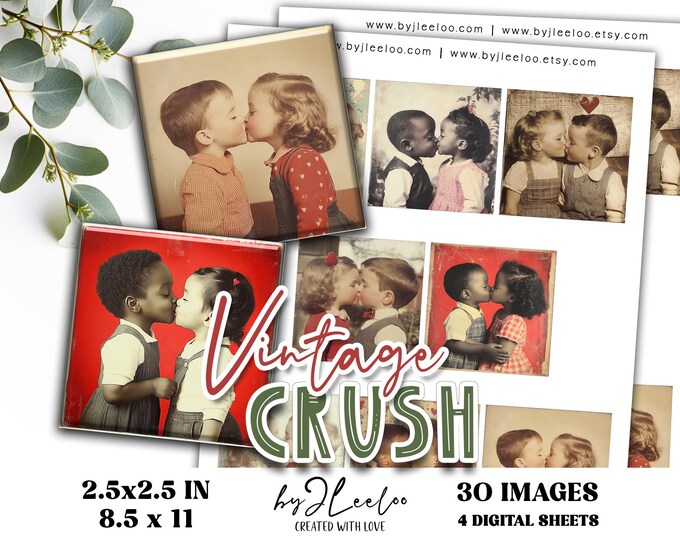VINTAGE CRUSH 2.5x2.5 inch printable | Nostalgic Love Valentine’s Day Ephemera | Junk Journal Kiss Romantic Retro Collage Squares | qu622