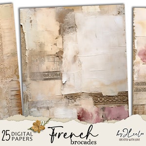 FRANSE BROCADE zachtroze vintage achtergrond | Verouderd collageen papier Junk Journal pagina's achtergrond Verontruste grunge digitale ephemera | pp699