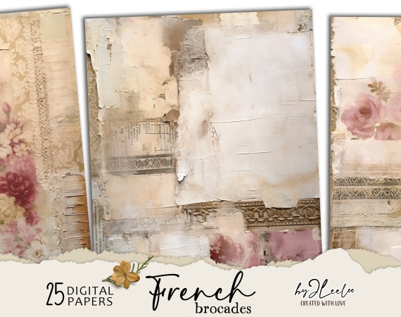 FRENCH BROCADE soft pink vintage background | Collaged aged paper Junk Journal pages background Distressed grunge digital ephemera | pp699
