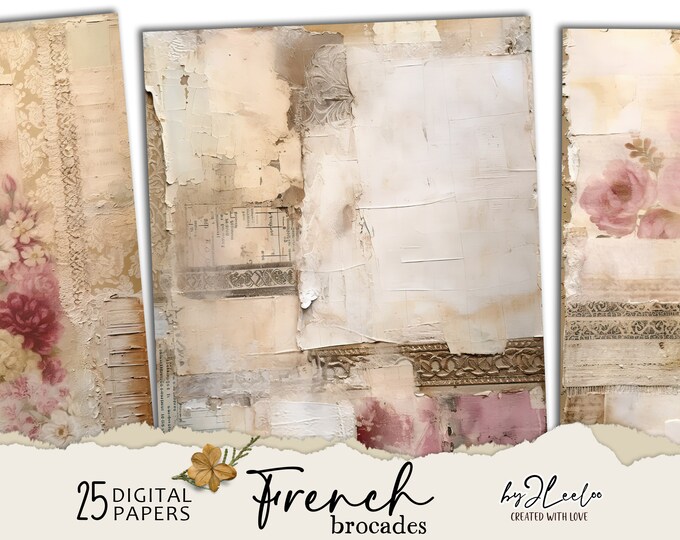 FRENCH BROCADE soft pink vintage background | Collaged aged paper Junk Journal pages background Distressed grunge digital ephemera | pp699
