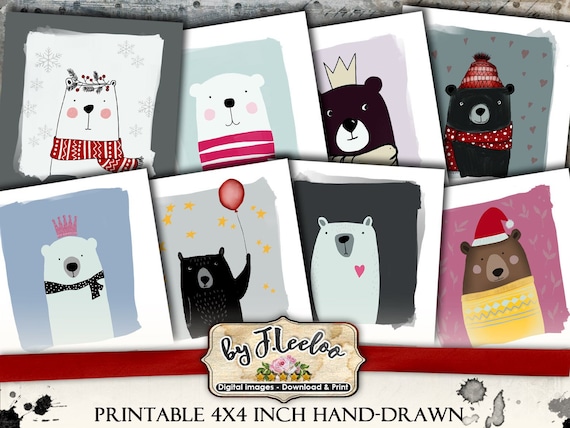 BEARS hand drawn illustration 4x4 inch square digital collage sheet paper coaster magnet stickers instant download printable qu521