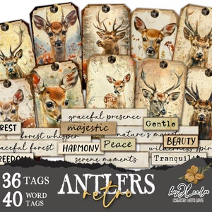 RETRO ANTLERS etiketten afdrukbare vintage | woordtags voor junkjournaal plakboek dagboek | levert kortstondig hertenbos natuur digitaal | tl293