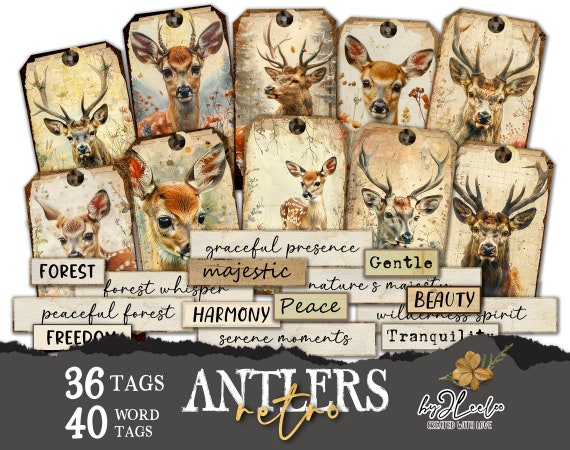RETRO ANTLERS labels printable vintage | word tags for junk journal scrapbook diary | supplies ephemera deer forest nature digital | tl293