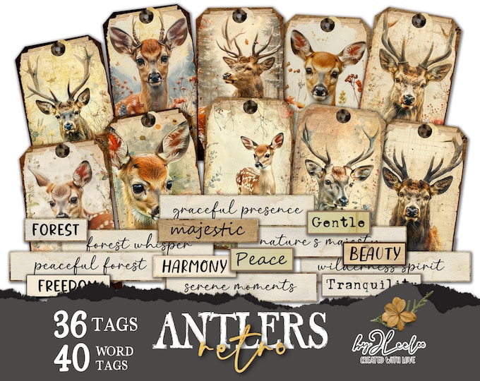 RETRO ANTLERS labels printable vintage | word tags for junk journal scrapbook diary | supplies ephemera deer forest nature digital | tl293